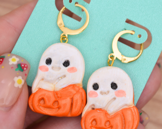 Adorable Ghostie In a Pumpkin Dangle Clay Earrings