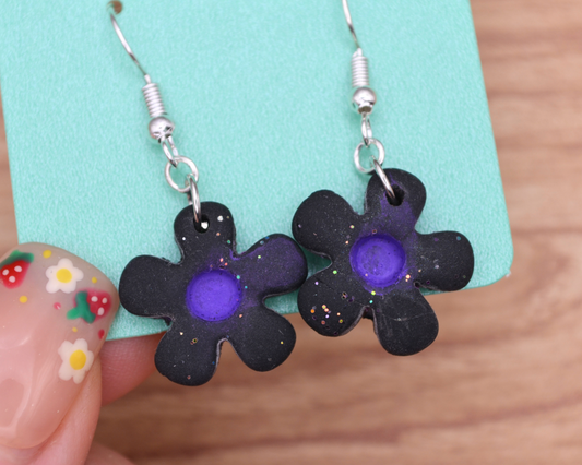 Black & Purple Flower Glitter Clay Dangle Earrings