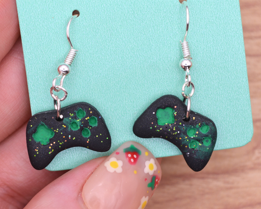 Black & Green Glitter Game Controller Dangle Clay Earrings