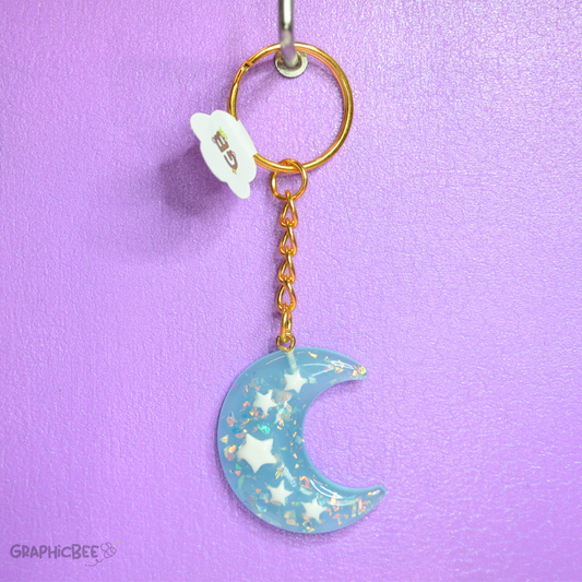 Serene Blue Sparkly Moon Resin Keyring