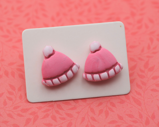 Pink & White Winter Hat Clay Stud Earrings