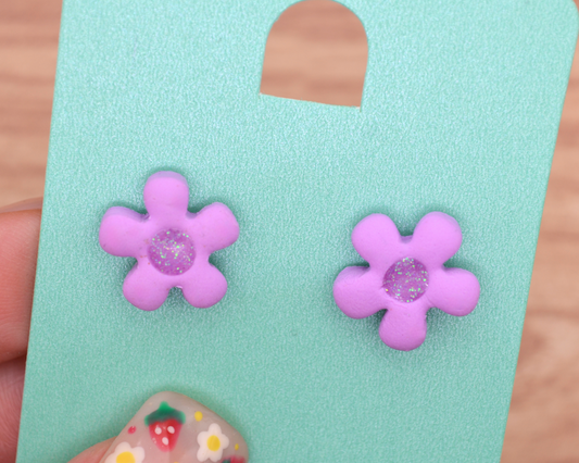 Lilac Purple Flower Glitter Clay Studs Earrings