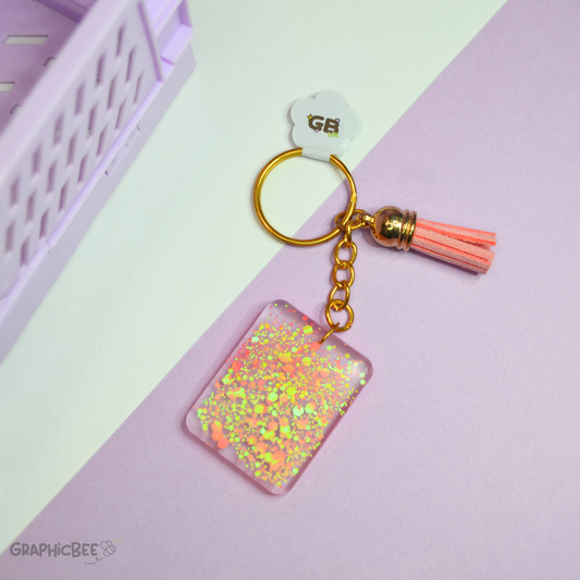 Orange & Pink Glitter Square & Tassel Resin Keyring