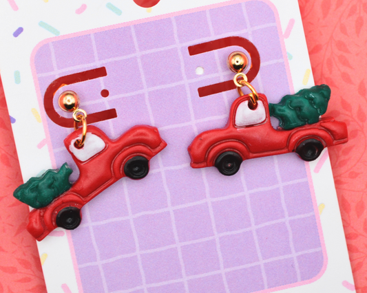 Red Truck Hauling Christmas Tree Clay Dangle Earrings