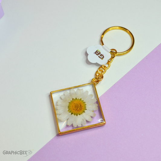 White Daisy Diamond Shaped  Bezel Resin Keyring