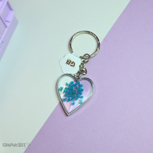 Blue Floral Embed Heart Bezel Resin Keyring