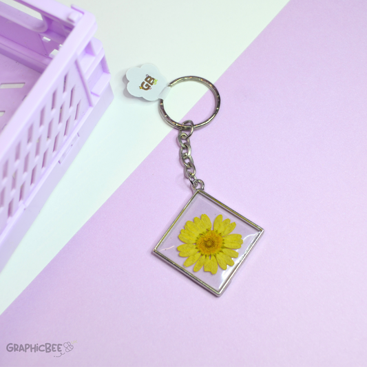 Yellow Daisy Diamond Shaped  Bezel Resin Keyring