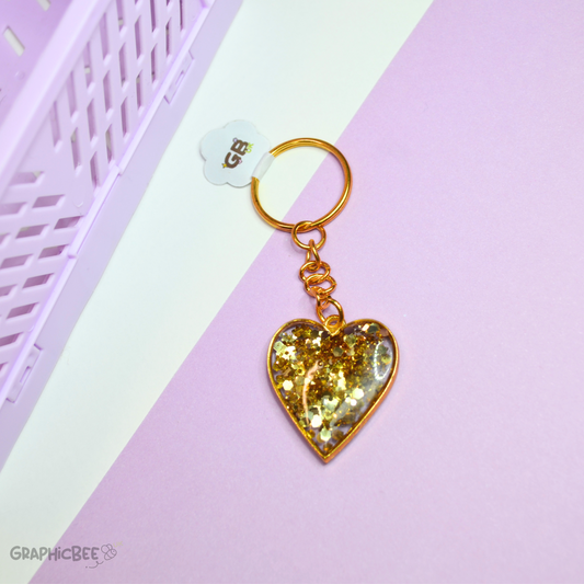 Gold Foil & Glitter Filled Heart Bezel Resin Keyring