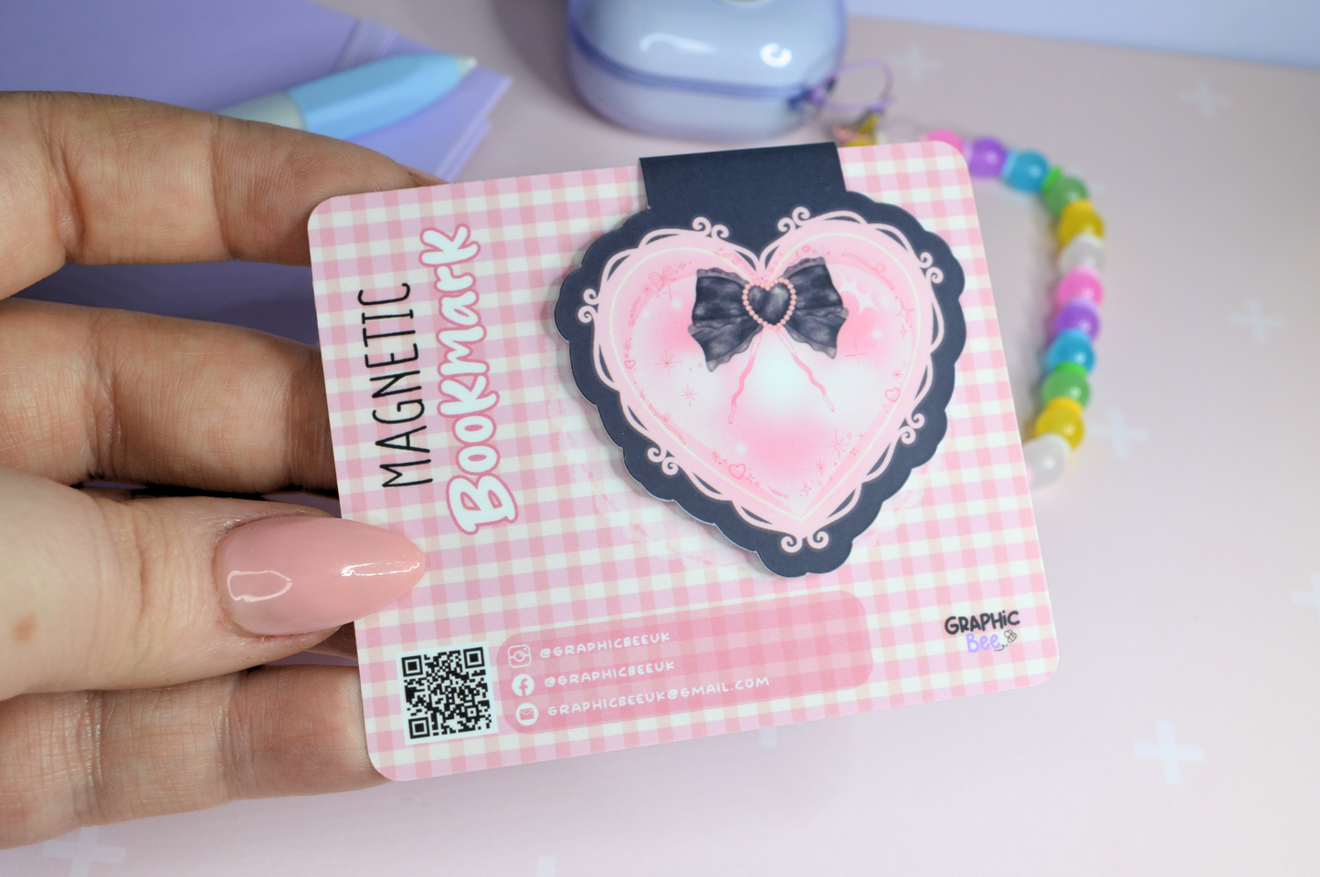 Coquette Heart & Bow Black Magnetic Bookmark