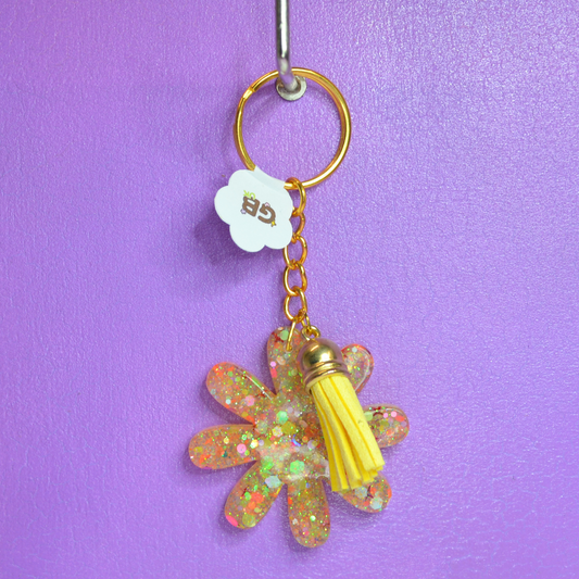 Yellow & Orange Glitter Floral With Tassel Resin Keyring