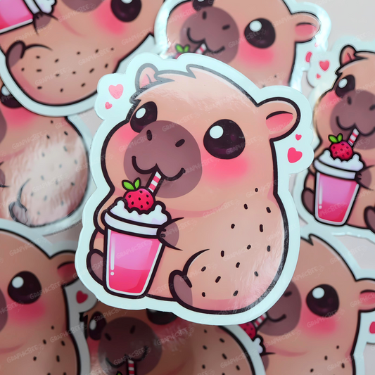 Adorable Capybara Drinking Milkshake Vinyl Sticker