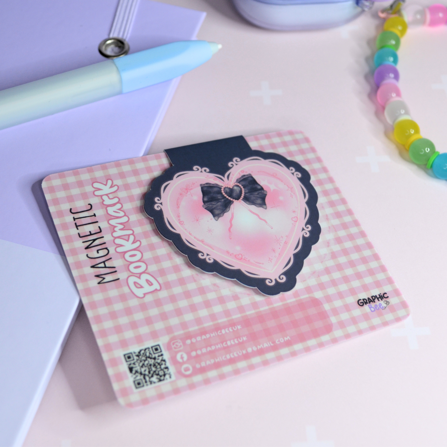 Coquette Heart & Bow Black Magnetic Bookmark