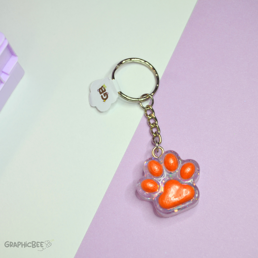 Orange Paw Print Glitter Resin Keyring